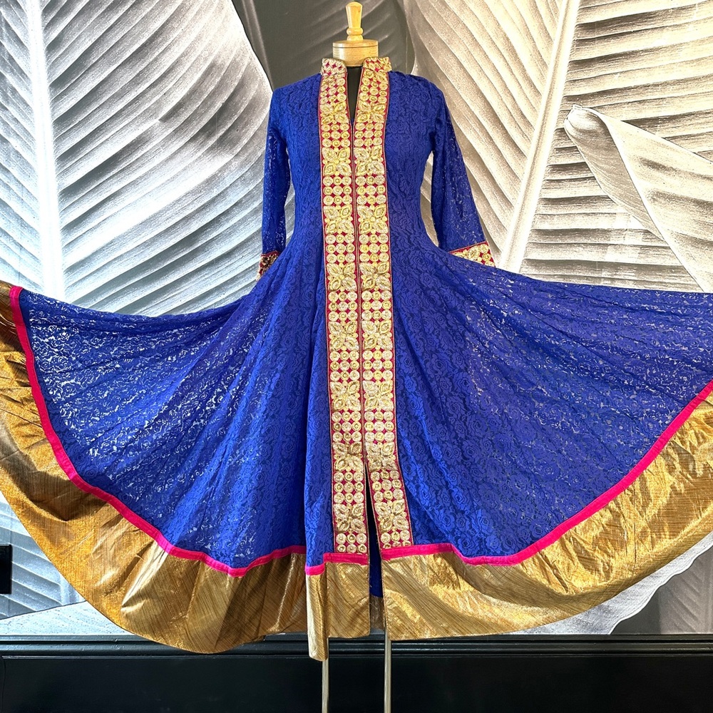 Anarkali Dress w/ Dupatta M Royal Purple Blue Gold Magenta Lace Overlay Metallic